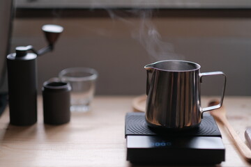 Fototapeta na wymiar fresh made hot espresso coffee and smoke