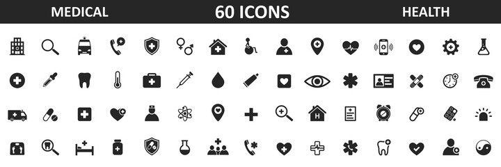 Medical icons set. 60 medicine and health icons, health care symbols. Vector illustration.