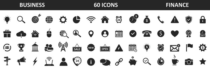 Set of 60 business icons. Business and finance icons. Business, office, finance, commerce, accounting. Black web business icons.