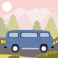 The bus rides along the road against the background of trees and mountains. The sun is shining in the sky and blue transport.