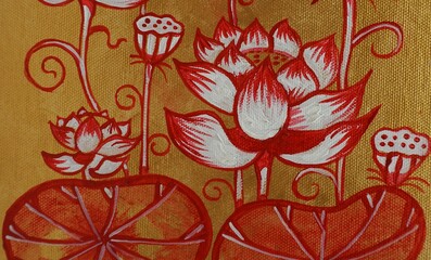 Art painting oil color  gold  lotus Thai pattern Thailand
