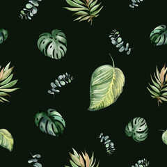 watercolor set of exotic patterns tropical flowers and leaves