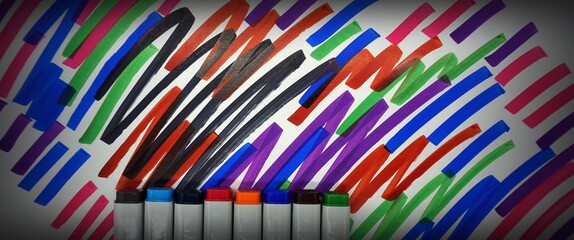 brush stroke drawing, copic markers art , bright colorful