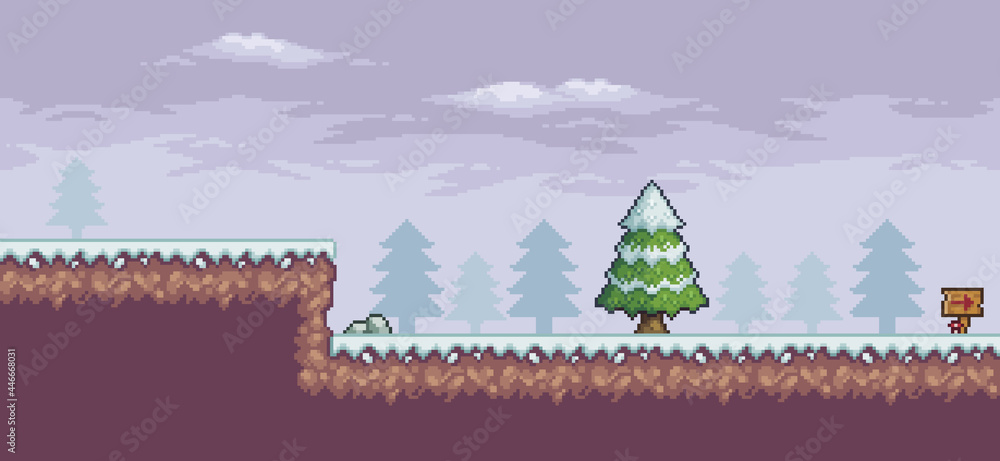 Poster pixel art game scene in snow with pine trees, clouds, indicative board 8bit background