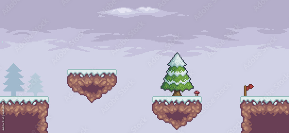 Aufkleber pixel art game scene in snow with floating platform, pine trees, clouds and 8bit background