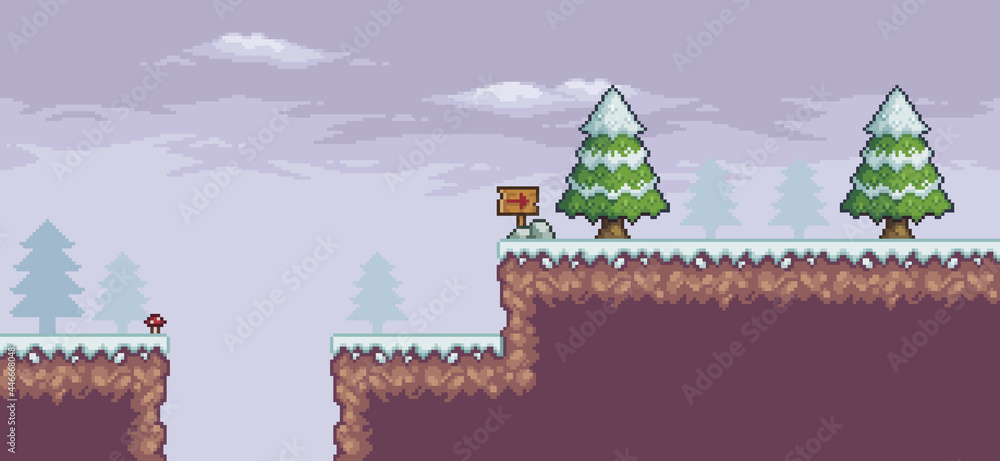 Poster pixel art game scene in snow with pine trees, clouds, indicative board 8bit background