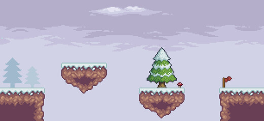 Pixel art game scene in snow with floating platform, pine trees, clouds and 8bit background