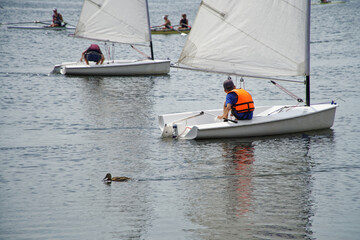 Vacationers on small yachts, sailing dinghies and kayaks in the Ural River next to a passing wild...