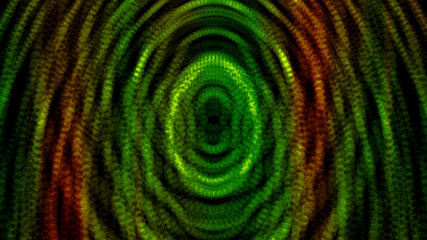 Fototapeta na wymiar Abstract dotted green, yellow, and red ovals spreading on black background. Motion. Colorful particles becoming transparent and disappear.