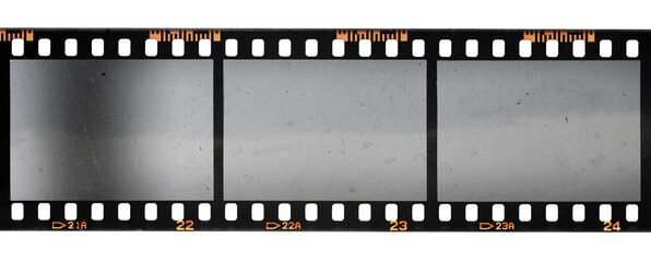 film strip, 3 blank photo frames, free space for your pictures, real 35mm film strip scan with signs of usage on white background. - obrazy, fototapety, plakaty