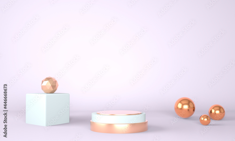 Poster 3d rendering studio with geometric shapes, podium on the floor. platforms for product presentation, 