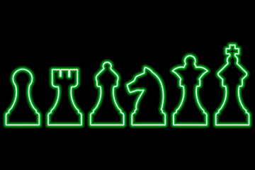 Set of chess figures on black background. Simple neon green outline. Illustration