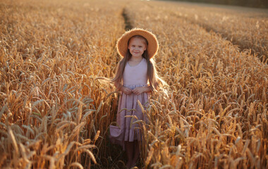 a beautiful blonde girl with long hair in a pink linen dress and a straw hat stands in a wheat field in the setting sun