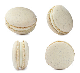 Set with delicious macarons on white background