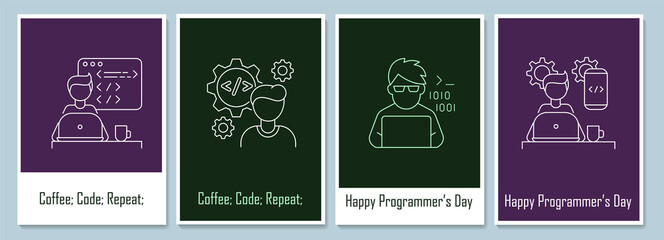 World programmer day postcards with linear glyph icon set. Greeting card with decorative vector design. Simple style poster with creative lineart illustration. Flyer with holiday wish