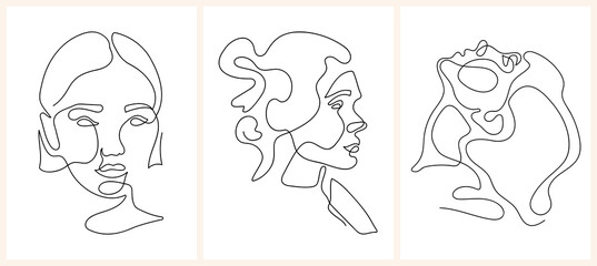 Set of modern 
abstract women portraits, minimalist contour. One line drawing abstract face. Great for home decor such as posters, wall art, tote bag, t-shirt print, mobile case. Vector illustration. 