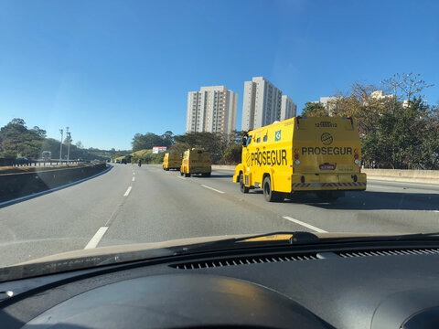 July 19, 2021. São Paulo, SP, Brazil. A Group Of Armored Cars Driving On The Road.