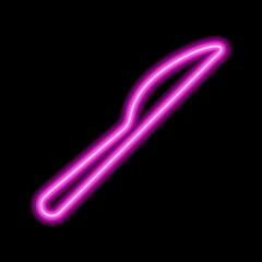 Pink neon outline of a table knife on a black background