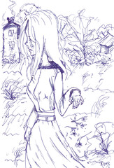 Vector illustration of a sad girl walking down the street. Sketch girl in cartoon style near houses. Art girl on the street. Graphic work girl walking in the field near houses