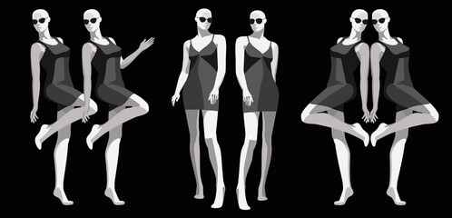 A pattern of female mannequins on a black background.