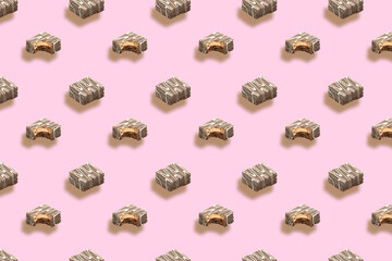 Pattern of chocolate chip cookies on the pink background