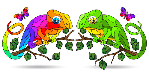 A set of illustrations in the style of stained glass with bright abstract chameleons, animals isolated on a white background