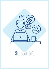 Busy college student postcard with linear glyph icon. Achieving goals. Greeting card with decorative vector design. Simple style poster with creative lineart illustration. Flyer with holiday wish