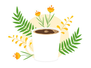 Coffee cup with flowers on white background. Vector flat illustration. 