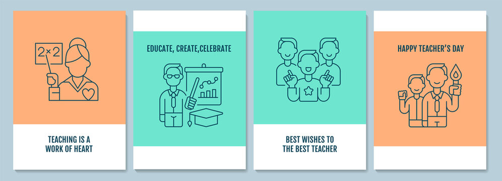 Teachers day worldwide postcards with linear glyph icon set. Annual event. Greeting card with decorative vector design. Simple style poster with creative lineart illustration. Flyer with holiday wish
