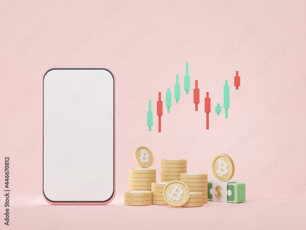 Poster 3d render minimal mini mobile phone or smartphone for work with white copy space and cryptocurrency 