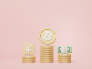 3d render of stack of bitcoins and gold in saving money for goal Concept. Minimal pastel scene. Growth financial model. Defi crypto concept. Investment management and financial innovations.