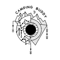 Obraz premium Camping Sacred geometry adventure badge design. Outdoor crest logo with mountains and trees. Travel silhouette label isolated. Stock tattoo crescent moon emblem