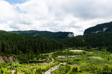 Beautiful landscape of the Bucegi Mountains taken from the Bolboci dam. Romania.