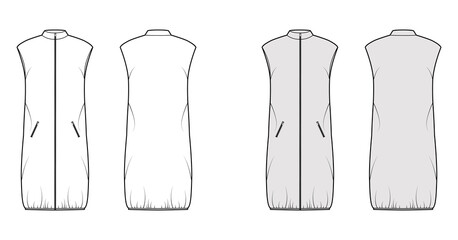 Down vest puffer waistcoat technical fashion illustration with sleeveless, stand collar, zip-up closure, loose fit, knee length. Flat template front, back, white, grey color style. Women, men, top CAD