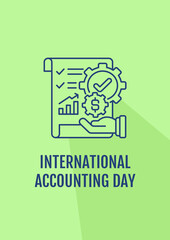 Accounting career awareness postcard with linear glyph icon. Greeting card with decorative vector design. Simple style poster with creative lineart illustration. Flyer with holiday wish