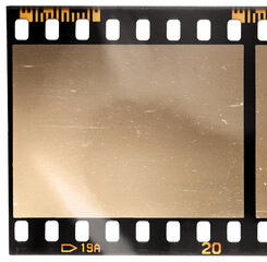single blank 35mm film strip, retro photo placeholder on white background and scratches.