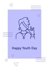Best wishes on youth day postcard with linear glyph icon. Young energy. Greeting card with decorative vector design. Simple style poster with creative lineart illustration. Flyer with holiday wish