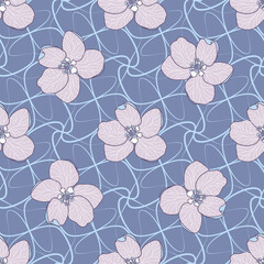 Elegant apple flowers on blue twisting line mesh. Modern floral seamless vector pattern suitable for fashion fabrics, wallpapers, curtains, upholstery and wrapping paper.