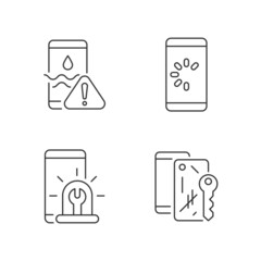 Usual mobile phone problems linear icons set. Connection issue. Water damage. Scratched case. Customizable thin line contour symbols. Isolated vector outline illustrations. Editable stroke