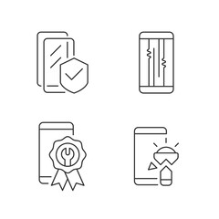 Common phone breakdowns linear icons set. Screen protector. Display issues. Torchlight damage. Customizable thin line contour symbols. Isolated vector outline illustrations. Editable stroke