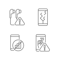 Smartphone breakdowns linear icons set. Earphones connection issue. Network problem. Touchscreen failed. Customizable thin line contour symbols. Isolated vector outline illustrations. Editable stroke