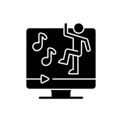 Online dance workout black glyph icon. Virtual dancing memory sensory brain activation. Heart beat stimulation. Body tuner. Silhouette symbol on white space. Vector isolated illustration