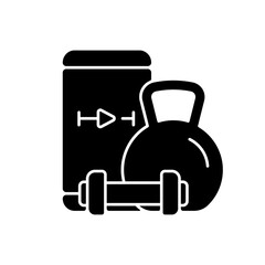 Online weightlifting exercises training black glyph icon. Sence wellbeing improvement, stamina and weight management. Silhouette symbol on white space. Vector isolated illustration