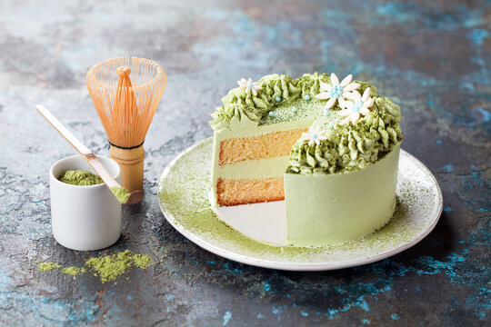 Matcha Green Tea Cream Cake. Almond Lemon Sponge Or Chiffon Cake On A Plate, Selective Focus