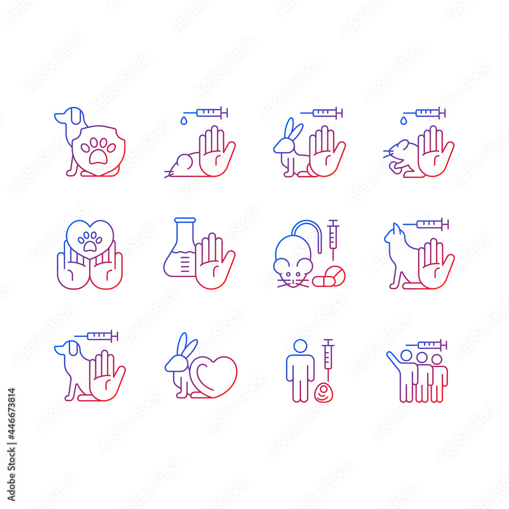 Poster no animal testing gradient linear vector icons set. dog and cat protection. cruelty free label for c