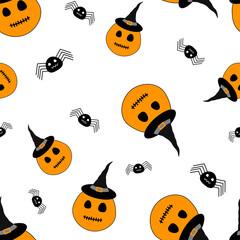 Seamless pattern Halloween pumpkin spiders vector illustration.