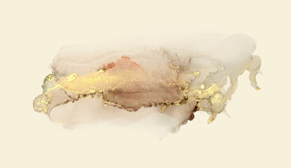 Art Abstract  watercolor flow blot painting. Gold, beige and brown Color canvas marble texture horizontal background. Alcohol ink.