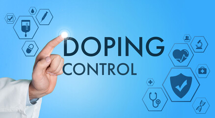 Doctor pointing at inscription DOPING CONTROL on light blue background, closeup