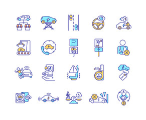 EV features RGB color icons set. Isolated vector illustrations. Eco car technologies. Electric vechicle demonstration. Artificial intelligence. Simple filled line drawings collection