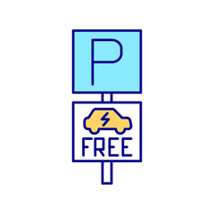 EV free parking RGB color icon. Electric vehicles. Green car simple localization. Low emissions. Hi-tech mission. Alternative fuel condition. Isolated vector illustration. Simple filled line drawing